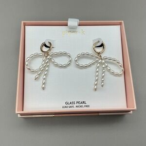 Piper K Earrings Gold Tone White Glass Faux Pearl Bow Dangle Drop Women Jewelry
